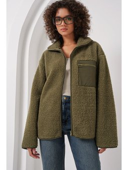 Fermuarlı Oversize Peluş Haki Ceket Mont