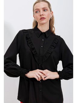 Fırfırlı Uzun Kol Siyah Gömlek