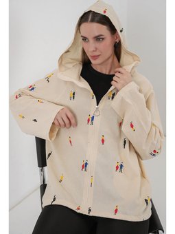Kapüşonlu Desenli Keten Ekru Ceket