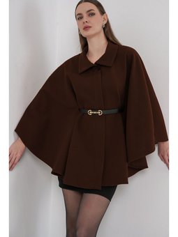 Kemerli Kaşe Kahverengi Panço