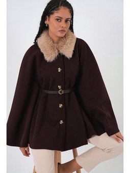 Kemerli Kaşe Kahverengi Panço