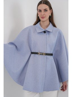 Kemerli Kaşe Mavi Panço