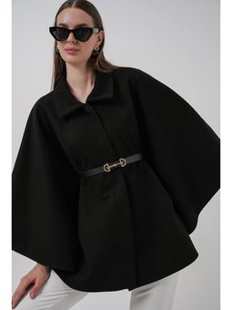 Kemerli Kaşe Siyah Panço