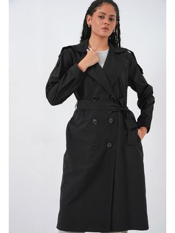 Kruvaze Yaka Siyah Trençkot
