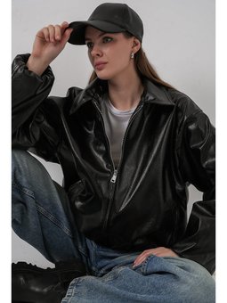 Oversize Suni Deri Siyah Ceket