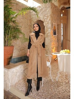 Belden Bağcıklı Kolsuz Uzun Kürk Bisküvi Yelek