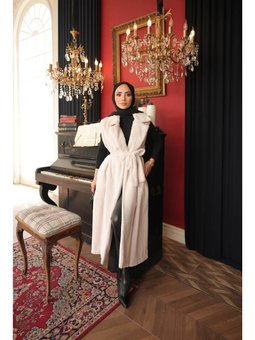 Belden Bağcıklı Kolsuz Uzun Kürk Ekru Yelek