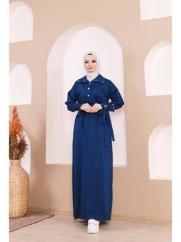 Belden Bağlamalı Çıtçıtlı Kol Şerit Detaylı İndigo Elbise