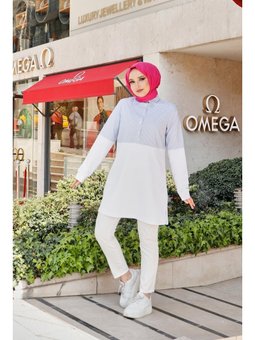 Gusto Beyaz Gömlek Geçişli İki Renk Sade Çizgili Sweatshirt