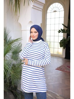 O Yaka Yatay Çizgili Uzun Kollu Kısa Yırtmaçlı Saks Mavisi Tunik 46)