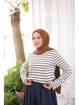 O Yaka Yatay Çizgili Uzun Kollu Yırtmaçlı Kısa Kahverengi Tunik 46)