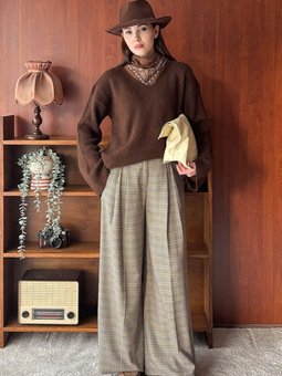 Desenli Pile Detay Palazzo Kaz Ayağı Pantolon