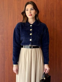 Polo Yaka Peluş Lacivert Hırka