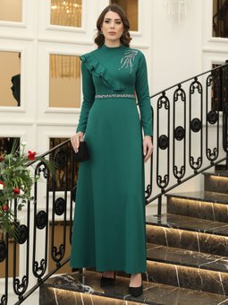 Zümrüt Yeşili Elif Taşlı Tesettür Abiye Elbise