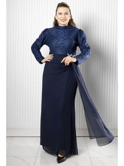 Dantel Şifon Lacivert Abiye Elbise