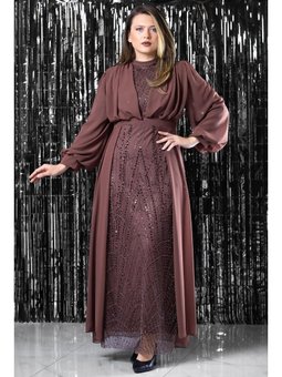 İşleme Detaylı Şifon Gül Kurusu Kahverengi Abiye Elbise