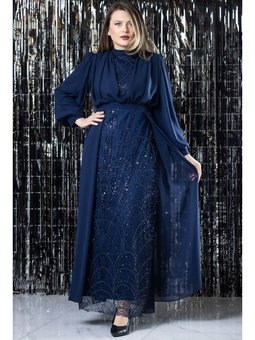 İşleme Detaylı Şifon Lacivert Abiye Elbise
