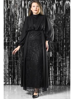 İşleme Detaylı Şifon Siyah Abiye Elbise