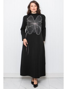 Taş Baskı Detaylı Abiye Elbise Siyah