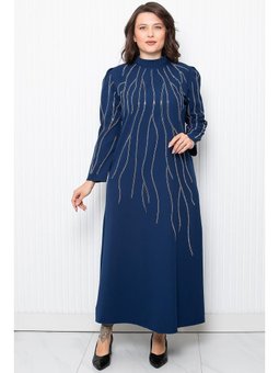 Taş Baskı Detaylı Lacivert Abiye Elbise