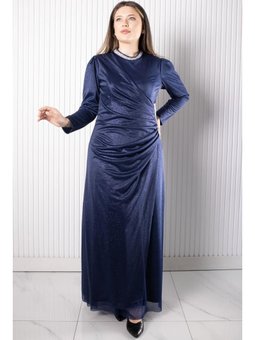 Taş Baskılı Simli Tül Lacivert Abiye Elbise