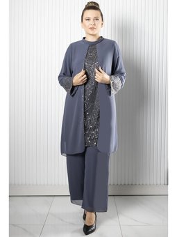Taş Payet İşlemeli Şifon Pantolon Tunik Takım Gri