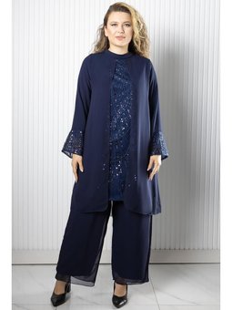 Taş Payet İşlemeli Şifon Pantolon Tunik Takım Lacivert