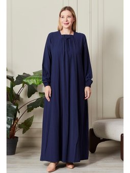Büyük Beden Gofre Kumaş Kare Yaka Lacivert Elbise