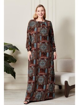 Büyük Beden Osmnalı Etnik Desen Kahverengi Elbise