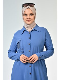 Buyuk Beden Tesettur Kadin Ayrobin Kumas İndigo Tunik