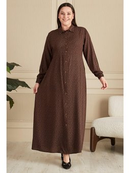 Kadin Buyuk Beden Çıtır Desen Yazlik Tesettur Kahverengi Elbise