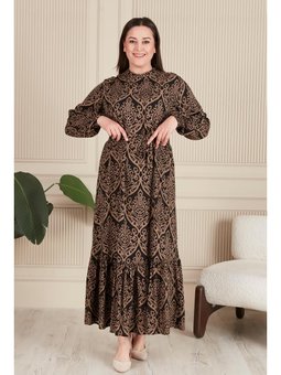 Kadin Hakim Yaka Buyuk Beden Tesettur Viskon Kumas Pileli Ve Piliseli Kahverengi Elbise