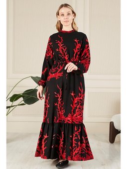 Kadin Hakim Yaka Buyuk Beden Tesettur Viskon Kumas Pileli Ve Piliseli Siyah Elbise