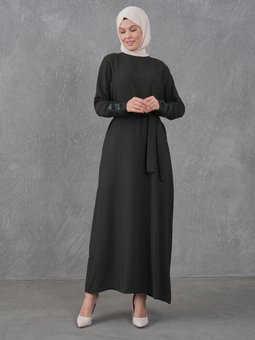 Melanjlı Kumaş Manşet Payet Garnili Haki Elbise