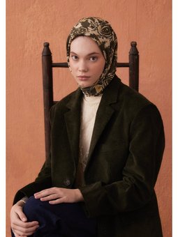 Floral Paısley Desen Pamuk İpek Koyu Haki Eşarp