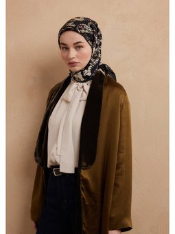 Floral Paısley Desen Pamuk İpek Siyah Eşarp