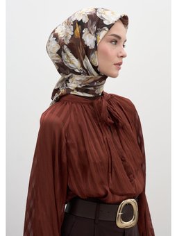 Lotus Desen Pamuklu Viskon Eşarp Sıcak Kahve