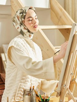 Multı Flower Desen Pamuk İpek Haki Eşarp