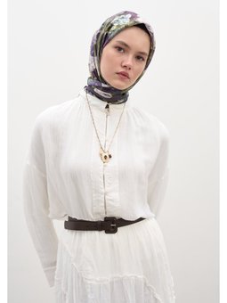 Rose Breeze Desen Pamuklu Viskon Eşarp Patlıcan Mor Eşarpu