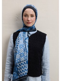 Wıld Botanıcal Desen İpek Krep Lacivert Şal