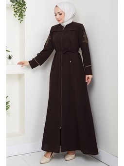 Bağcıklı Kolu Nakışlı Kahverengi Ferace