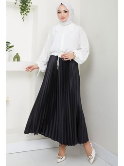 Beli Lastikli Deri Görünümlü Sık Piliseli Siyah Etek