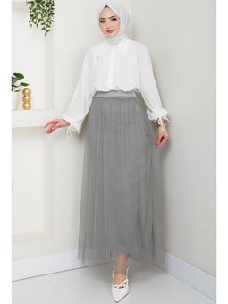 Beli Lastikli Tül Gri Etek