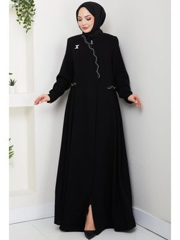 Broşlu Büyük Beden Siyah Ferace