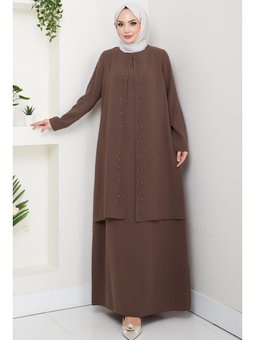 Büyük Beden Boncuklu Taşlı Anne Elbisesi Kahverengi Elbise