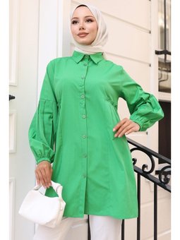Büzgü Detaylı Balon Kol Gömlek Yeşil