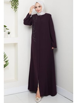 Çiçek Detay Taşlı Mor Ferace