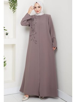 Çiçek Detay Taşlı Vizon Ferace