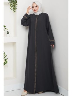 Çiçek Nakışlı Büyük Beden Füme Ferace