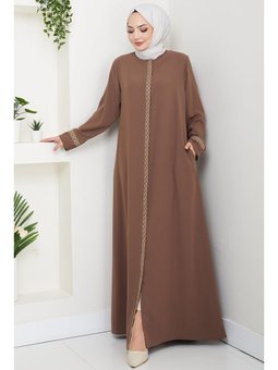 Çiçek Nakışlı Büyük Beden Kahverengi Ferace